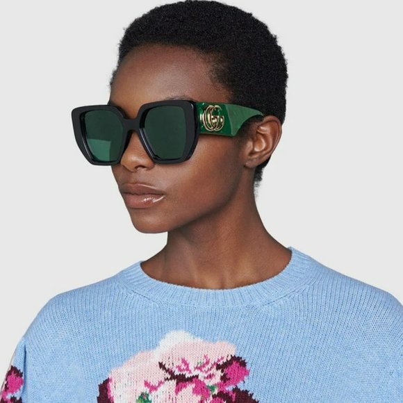 NEW Gucci GG0956S LOGO 001 Black Gold Green Rectangle Oversized Unisex Sunglasse - Picture 1 of 11